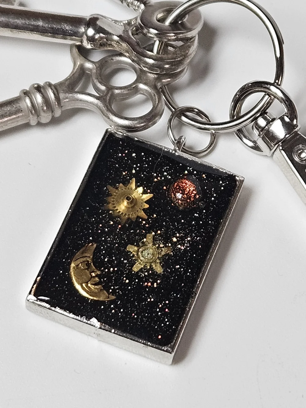 Celestial Moon & Sun Black Glitter Keychain Card Holder